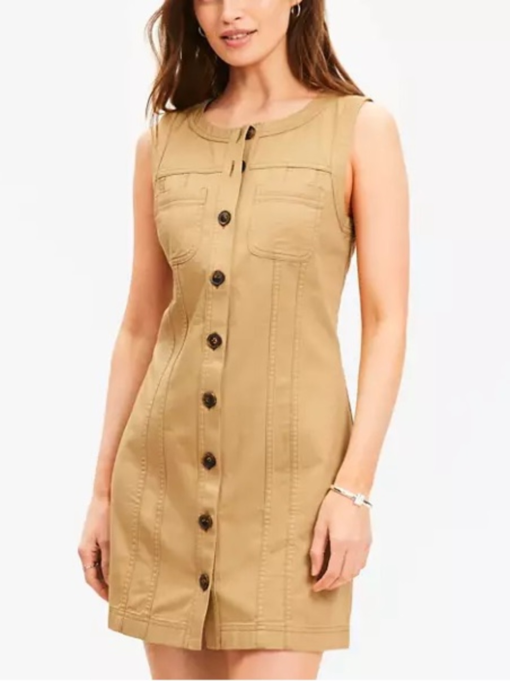 LOFT Khaki Sleeveless Button-Front Mini Dress